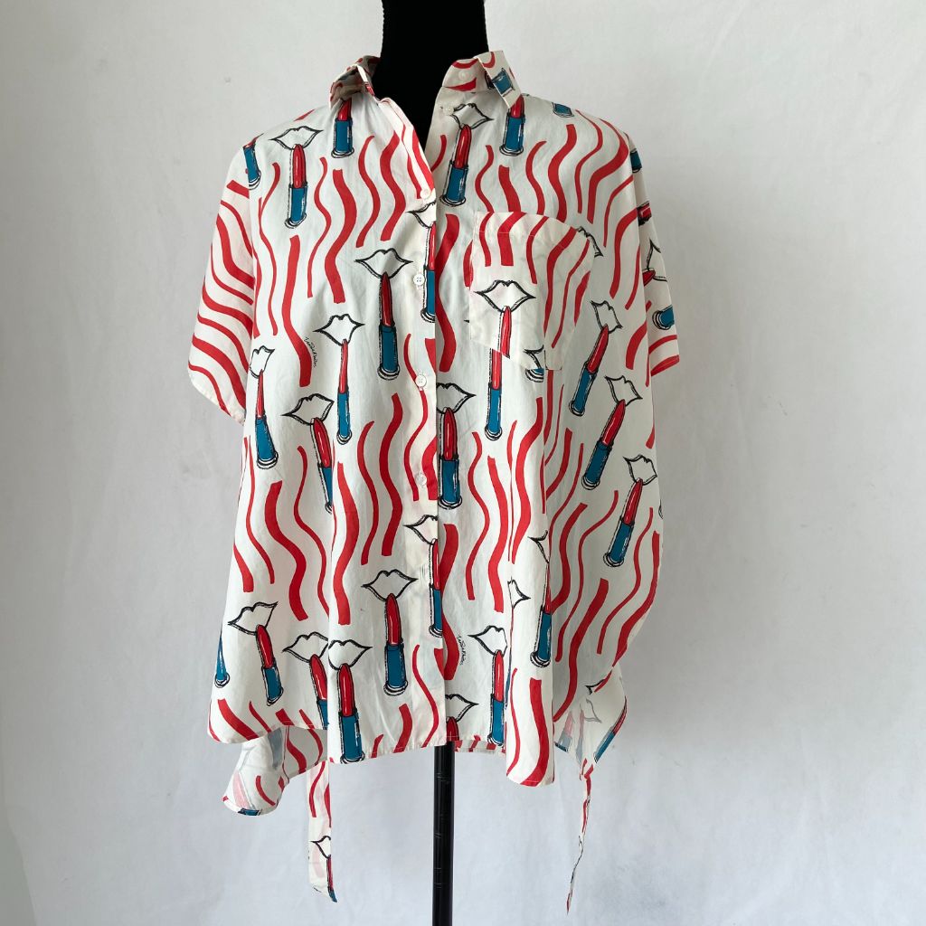 Valentino white button down shirt with lipstick print, open sides with straps on back of shirt - BOPF | Business of Preloved Fashion