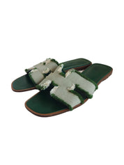 Hermes Green Green/Beige Leather and Canvas Fringe Oran Sandal