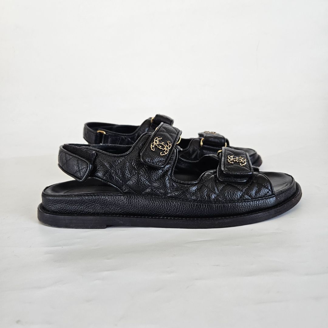 Chanel Black Leather Dad Sandals, 39.5C