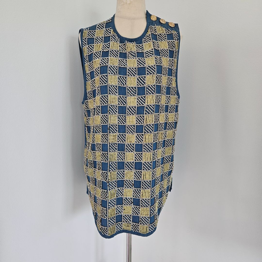 Balmain blue vest embellished with yellow and white crystals