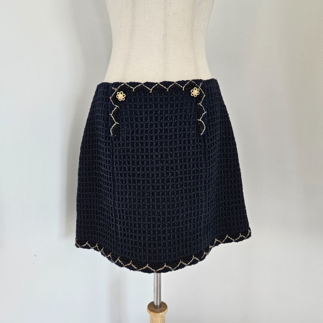Chanel 15A Salzburg Braid trim navy blue tweed mini skirt