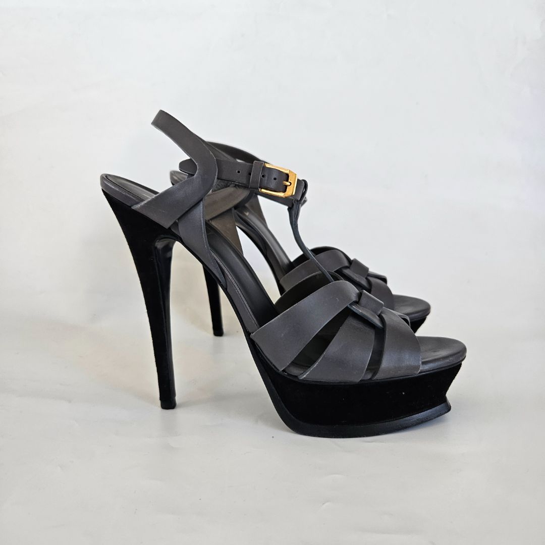 Saint Laurent dark grey and black leather tribute sandal heels, 39.5