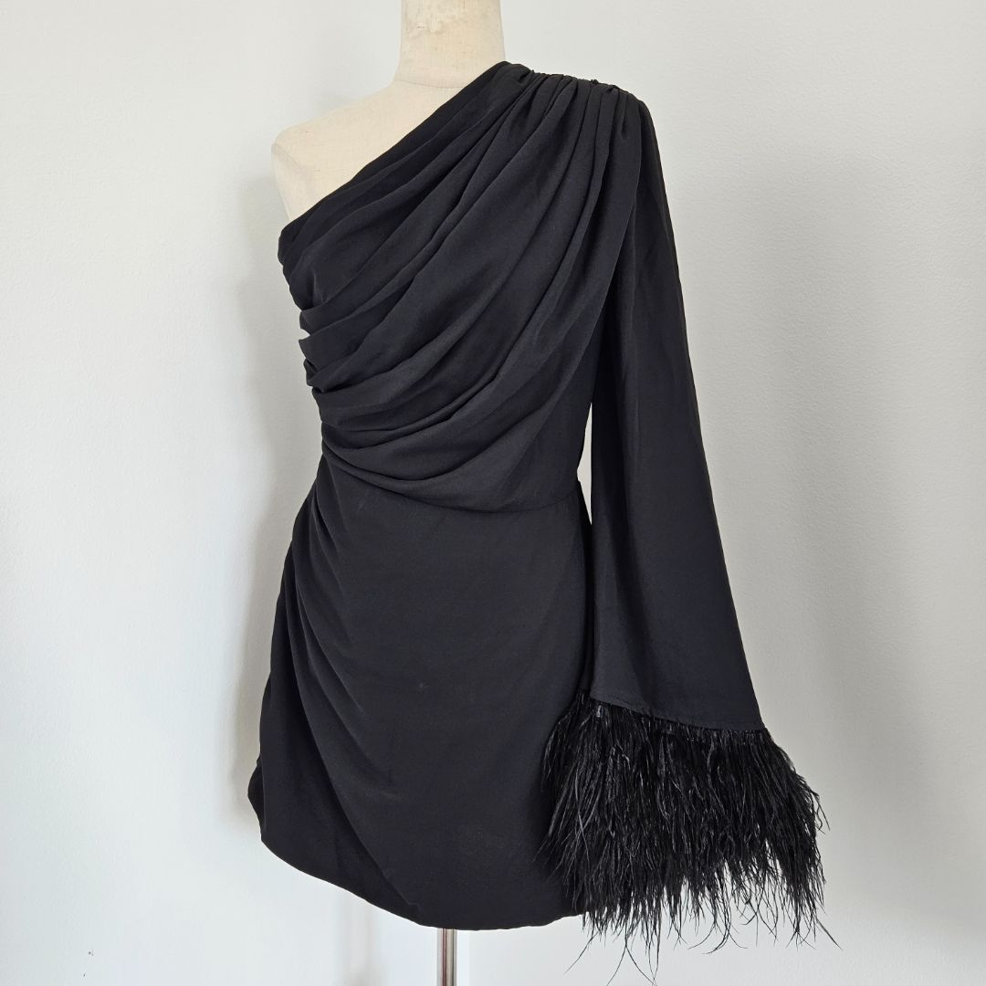 Bronx and Banco Fire Mini Crepe Black Dress with Feather - BOPF