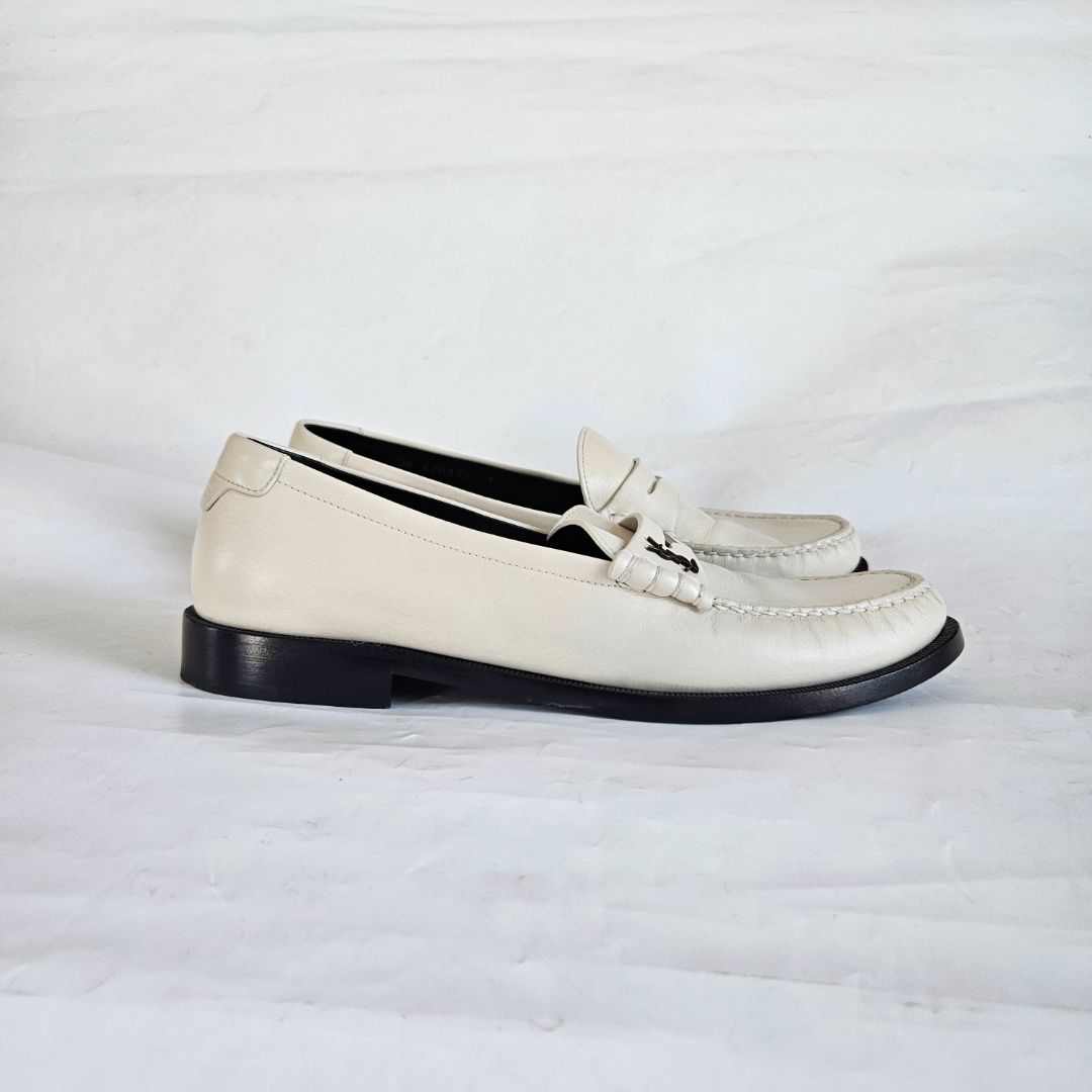 Saint Laurent monogram plaque white loafers, 42