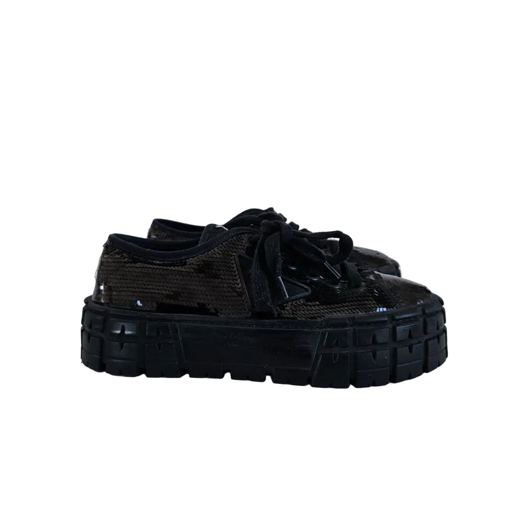 Prada Double Wheel low-top black sequin sneakers, 37.5 - BOPF
