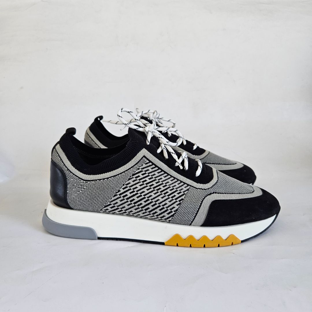 Hermès White/Black Knit Fabric and Suede C-Addict Sneakers, 43