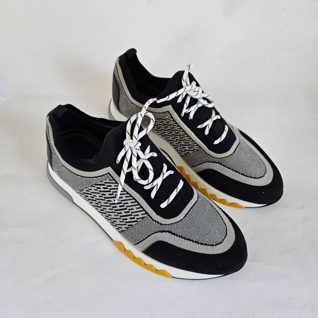 Hermès White/Black Knit Fabric and Suede C-Addict Sneakers, 43