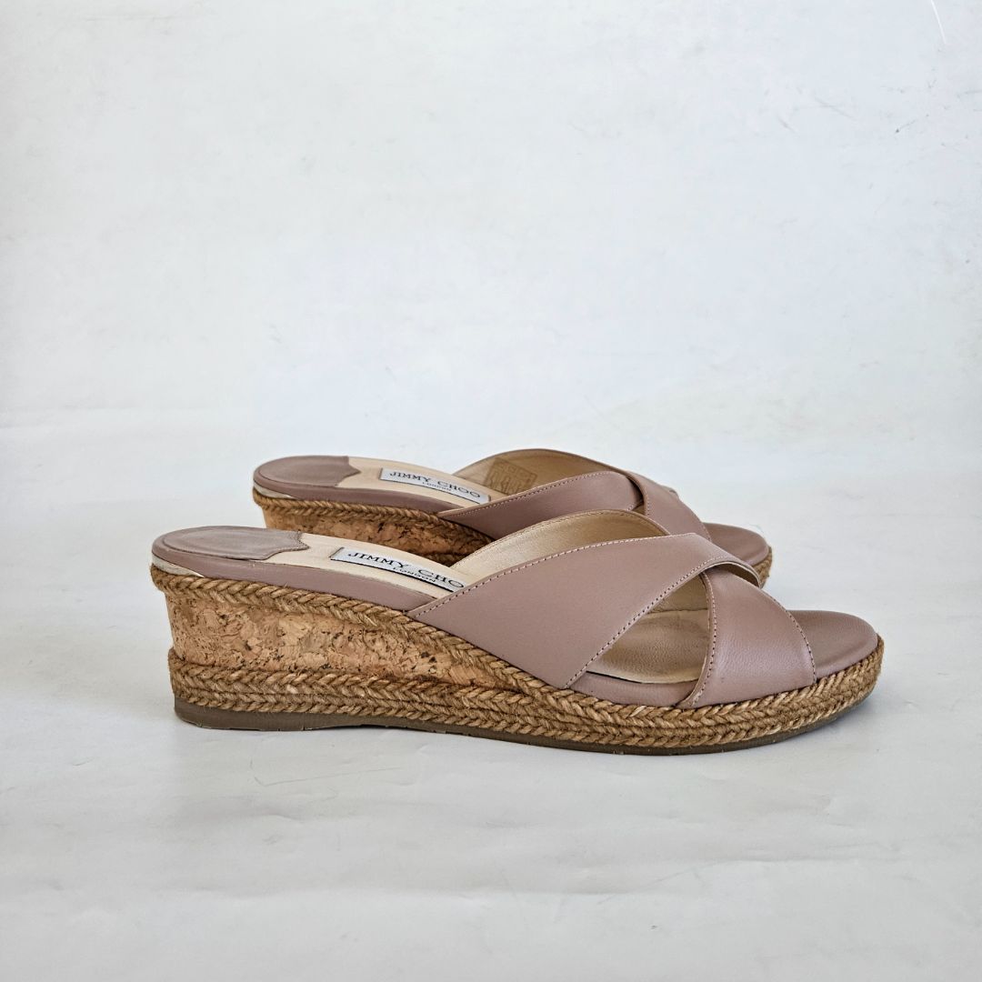 Jimmy Choo Nude Criss Cross Wedge Cork Sandals, 39