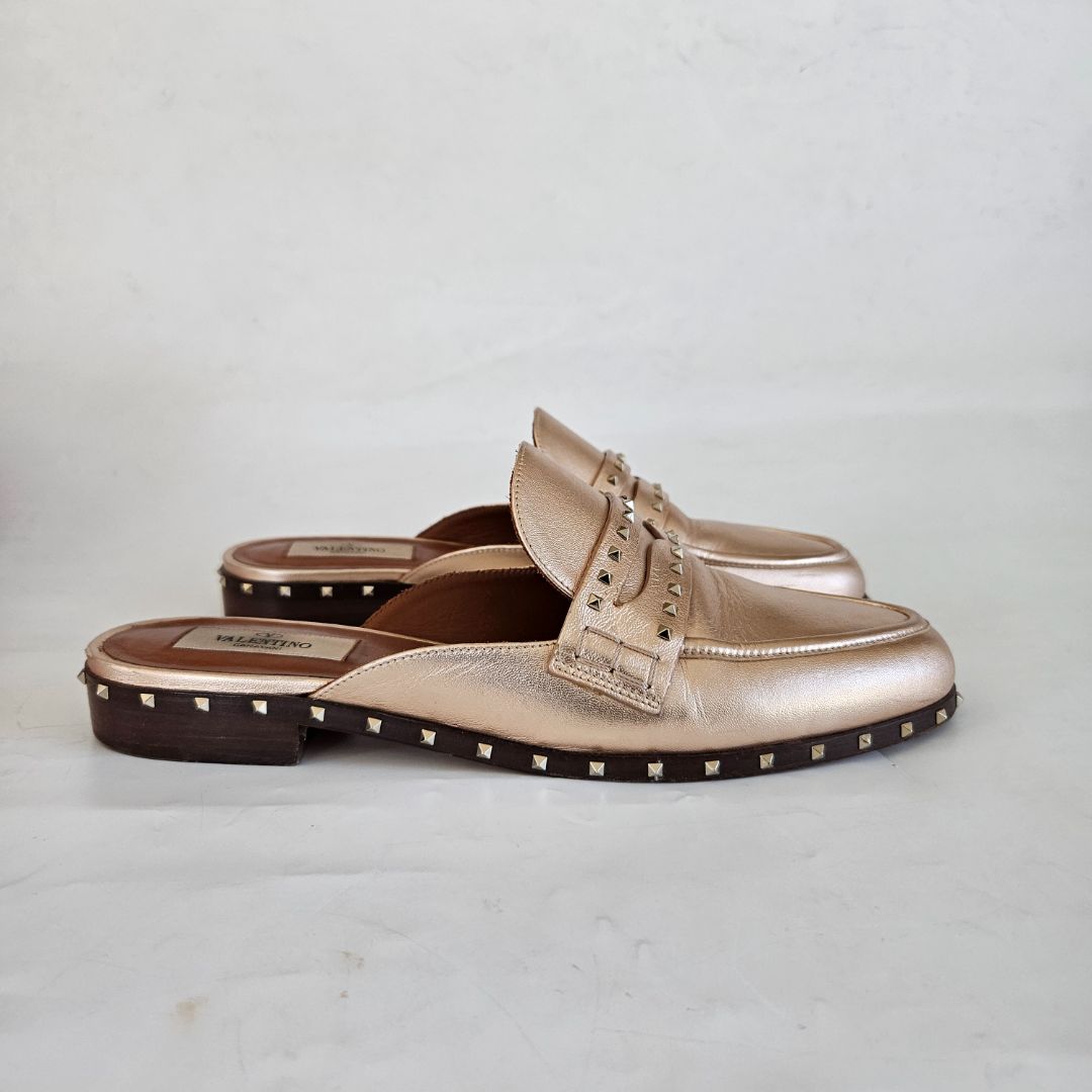 Valentino Metallic Gold Leather Soul Rockstud Mules, 38.5