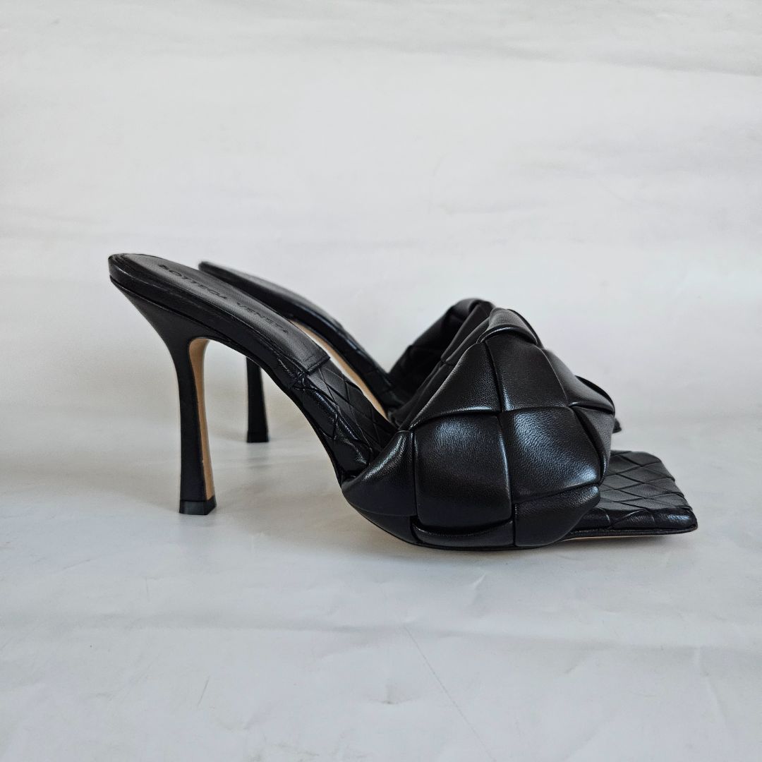 Bottega Veneta black square stretch lido sandals, 37.5