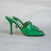 Bottega Veneta Green Square Toe Stretch Mule Sandal Heels, 37.5