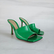 Bottega Veneta Green Square Toe Stretch Mule Sandal Heels, 37.5