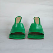 Bottega Veneta Green Square Toe Stretch Mule Sandal Heels, 37.5