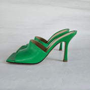Bottega Veneta Green Square Toe Stretch Mule Sandal Heels, 37.5