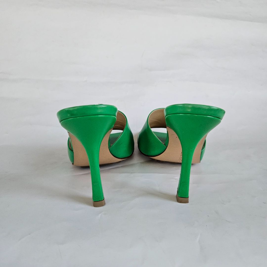 Bottega Veneta Green Square Toe Stretch Mule Sandal Heels, 37.5