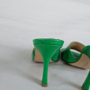 Bottega Veneta Green Square Toe Stretch Mule Sandal Heels, 37.5