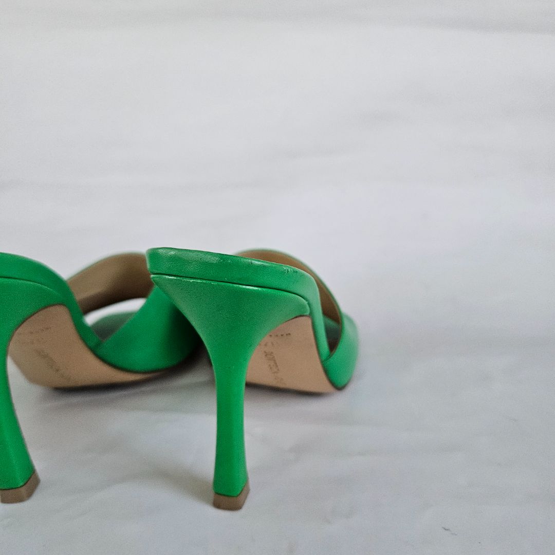 Bottega Veneta Green Square Toe Stretch Mule Sandal Heels, 37.5