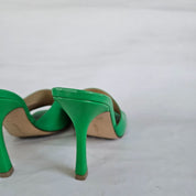 Bottega Veneta Green Square Toe Stretch Mule Sandal Heels, 37.5