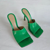 Bottega Veneta Green Square Toe Stretch Mule Sandal Heels, 37.5