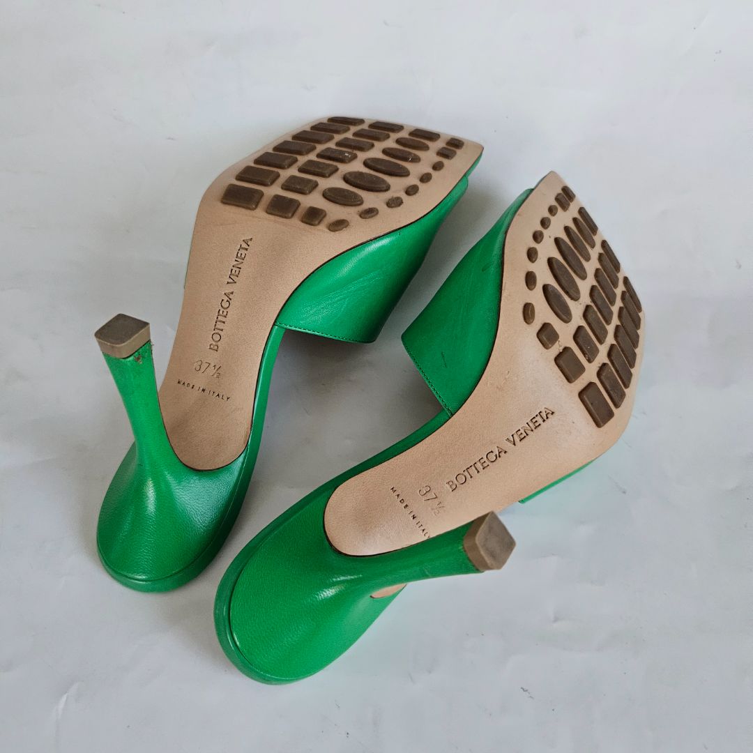 Bottega Veneta Green Square Toe Stretch Mule Sandal Heels, 37.5