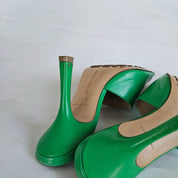 Bottega Veneta Green Square Toe Stretch Mule Sandal Heels, 37.5