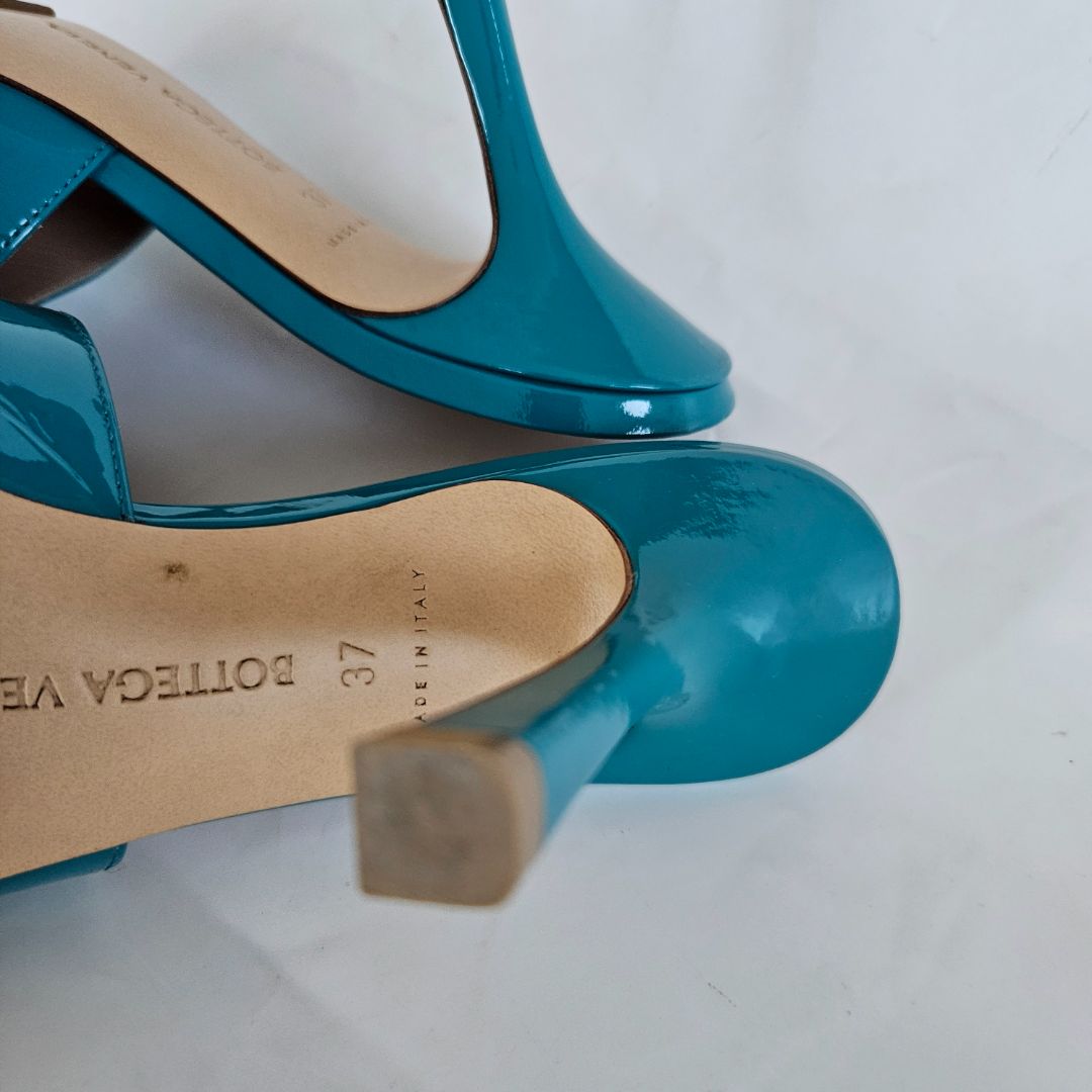 Bottega Veneta Turquoise Blue Patent Leather Stretch Square Toe Slide Sandals, 37