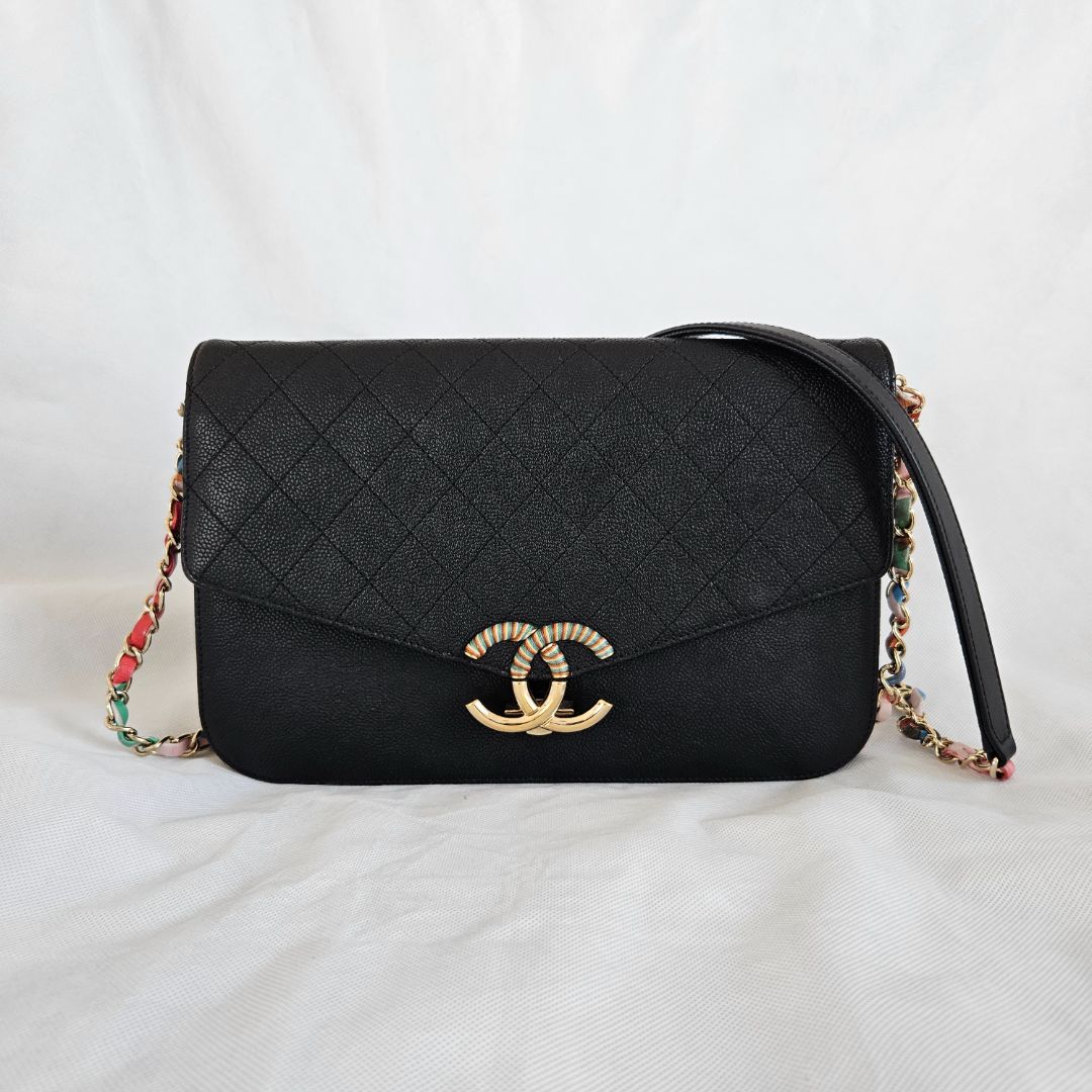 Chanel black quilted leather thread around wallet on chain