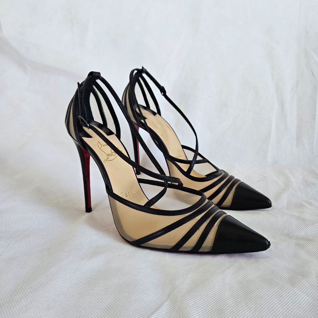 Christian Louboutin Black Leather mesh striped pumps, 36.5