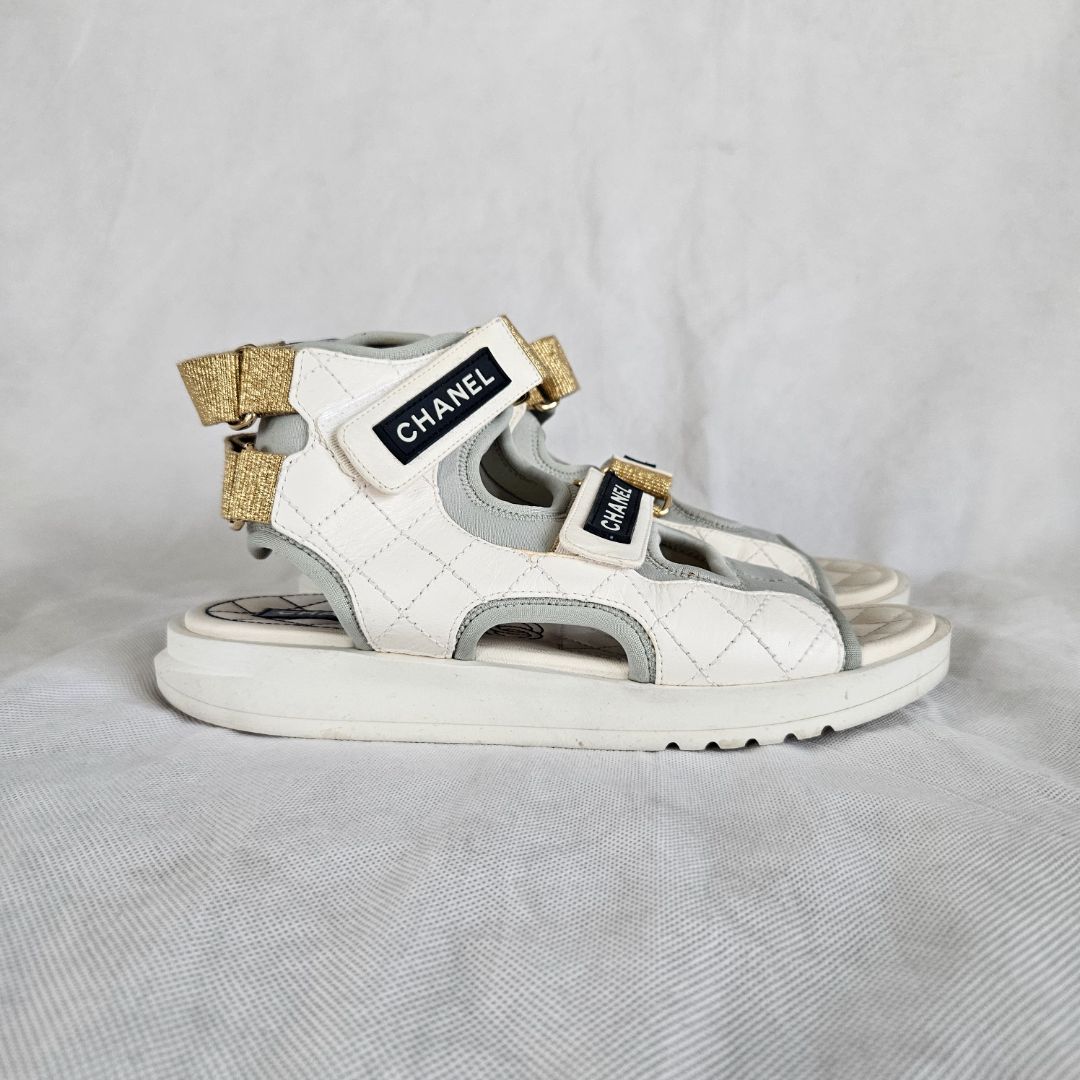 Chanel 21P White Grey Cocomark CC TEva Dad Sport Sandals, size 38C