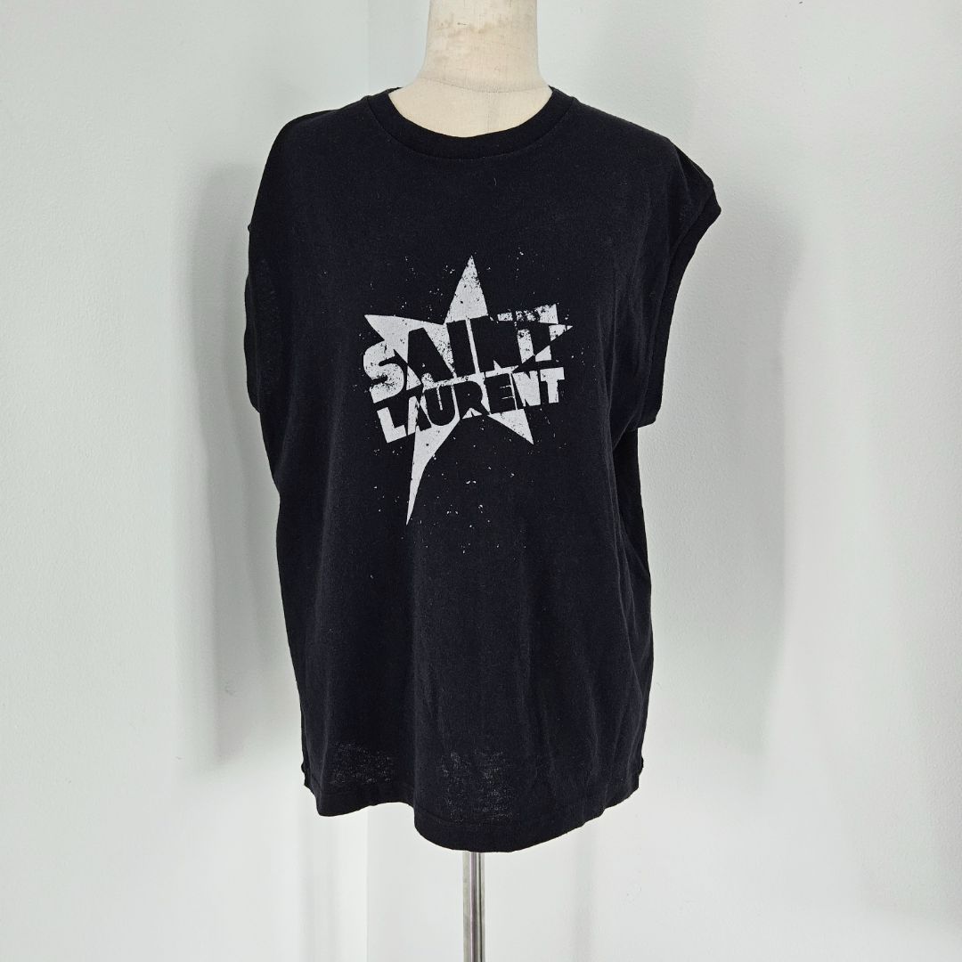 Saint Laurent Black Sleeveless logo star print T-shirt