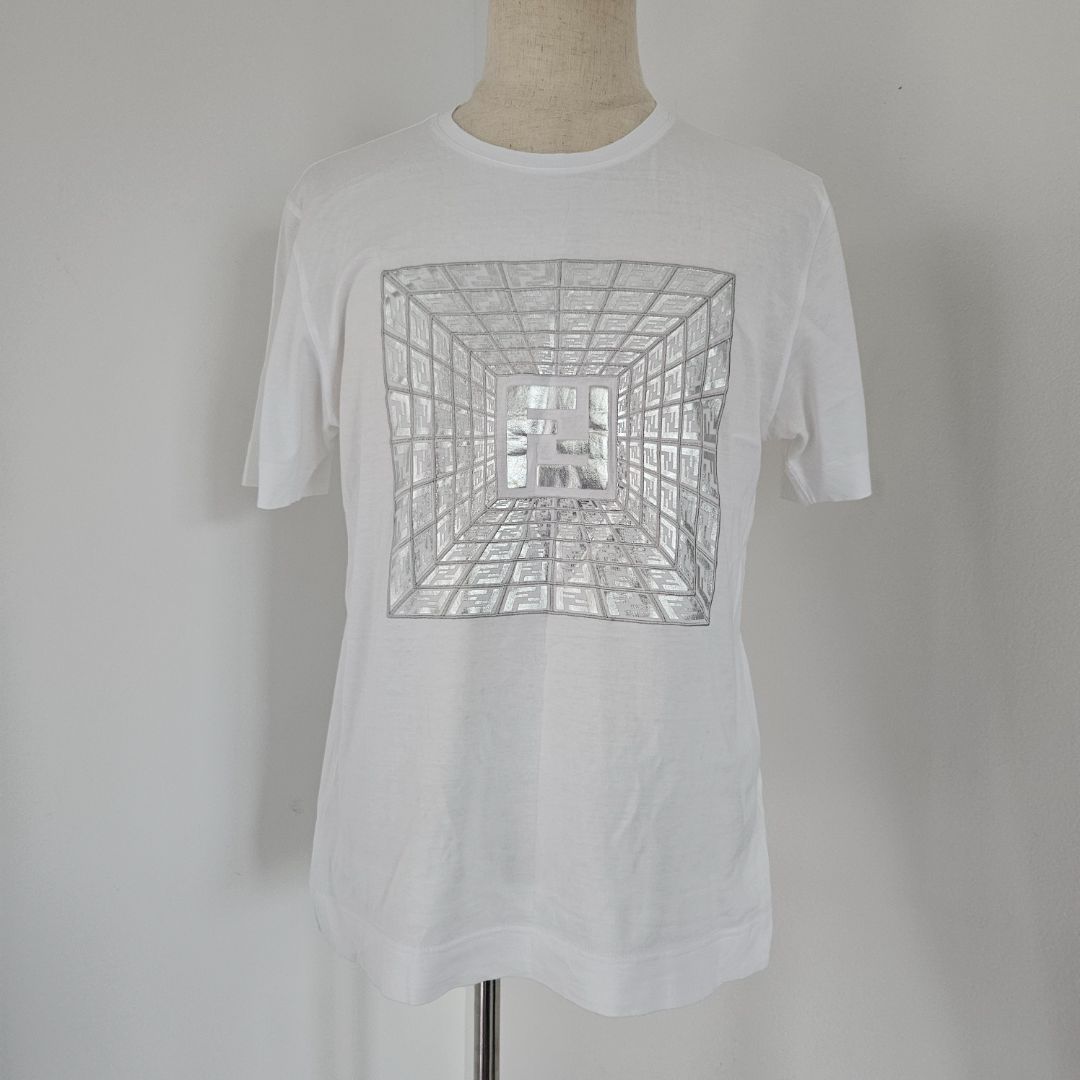 Fendi white shirt with silver FF logo mens t shirt