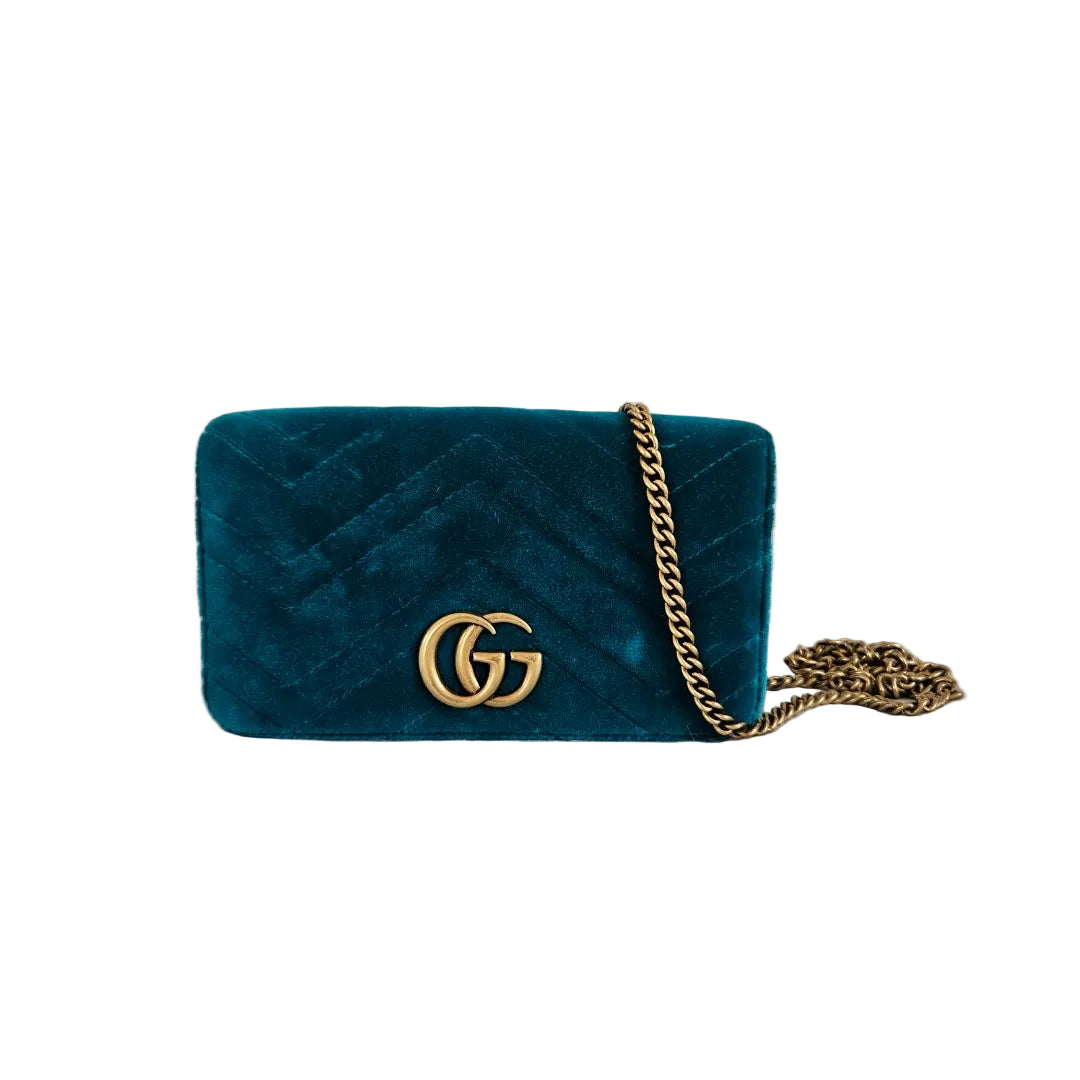 Gucci Velvet Matelasse GG Marmont Mini Bag Pavone Cyan