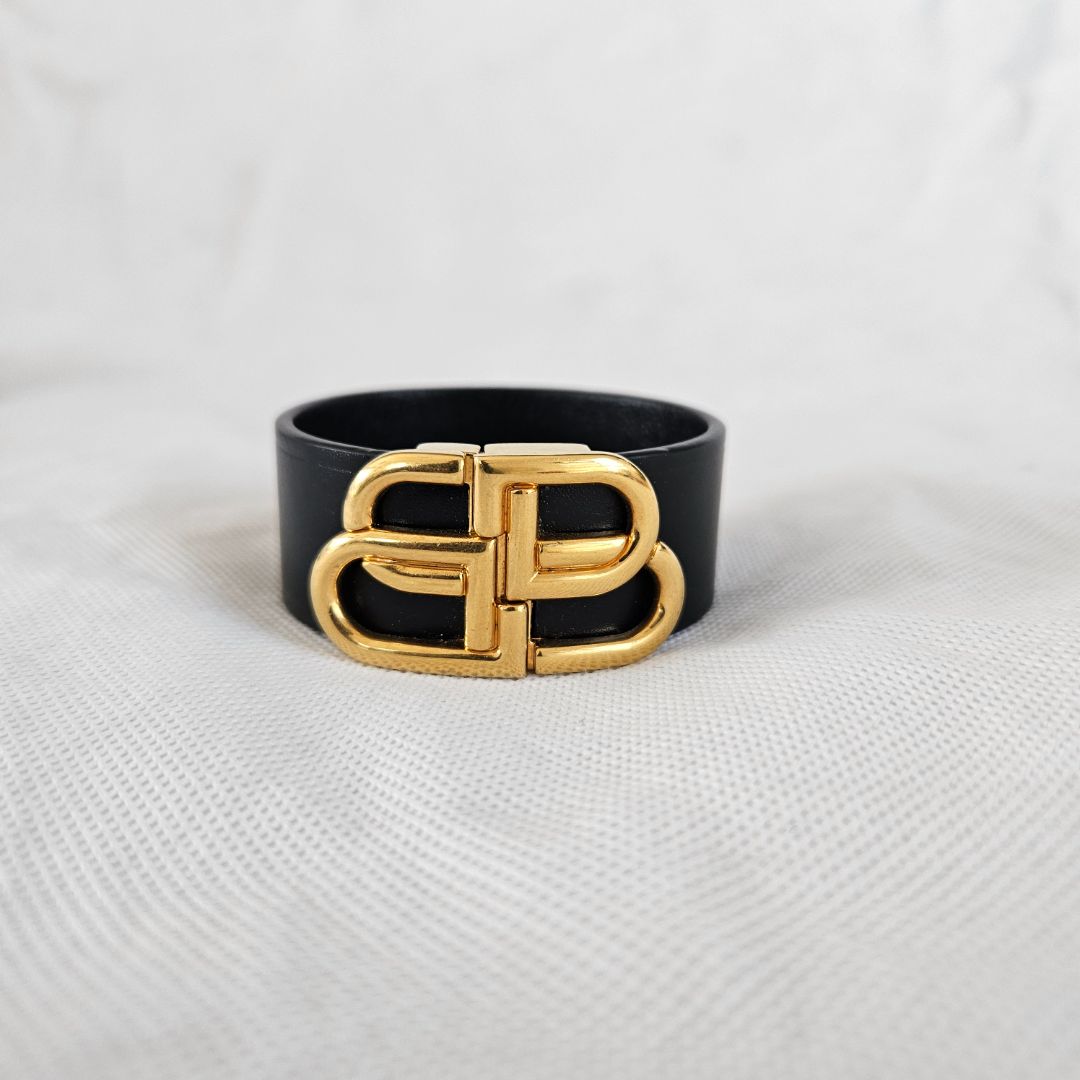 Balenciaga Logo Leather Gold Tone Bracelet