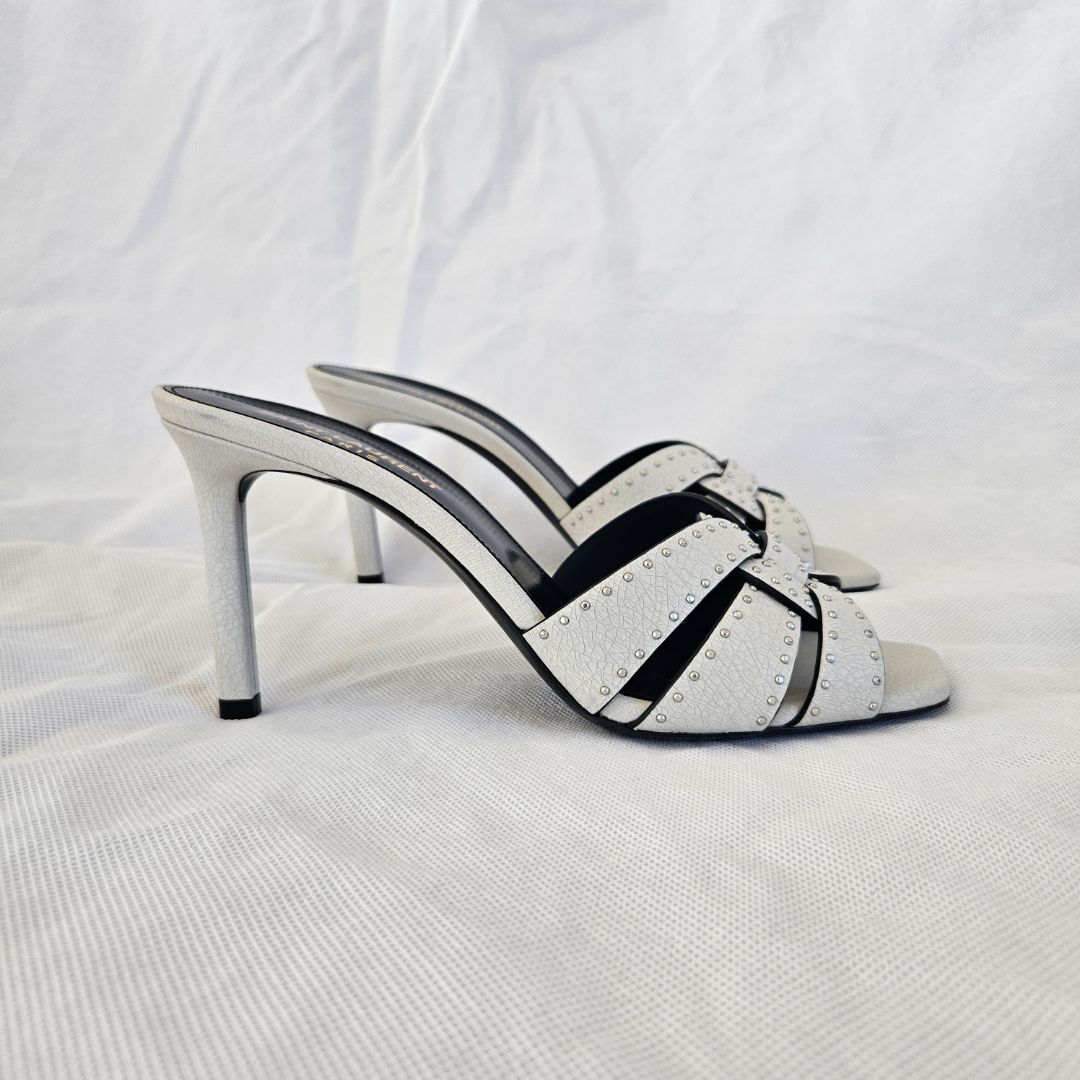 Saint Laurent White Studded Cracked Leather Tribute Sandals, 38