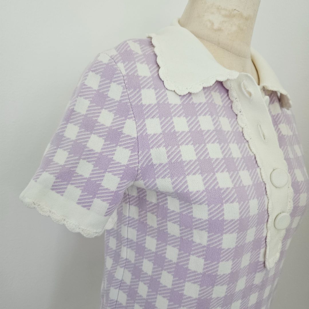 Maje purple check knit top with white buttons