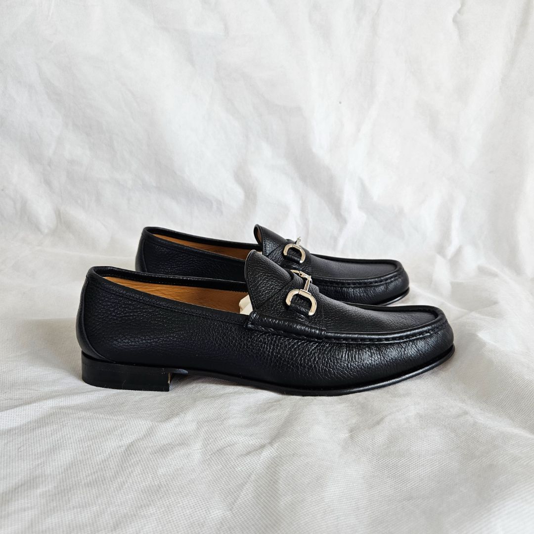 Gucci Black Leather Horsebit Moccasin Loafer Shoes, 12
