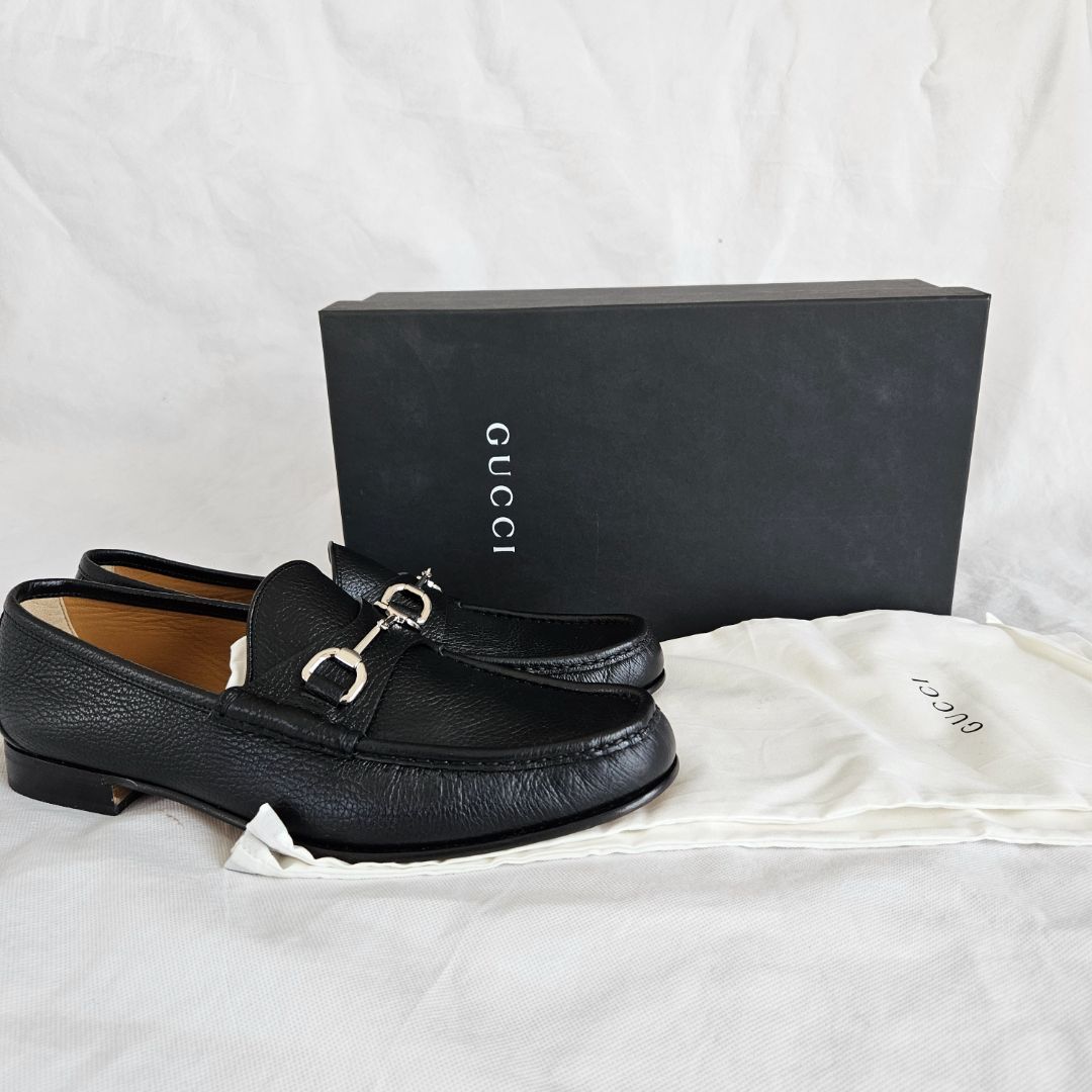 Gucci Black Leather Horsebit Moccasin Loafer Shoes, 12