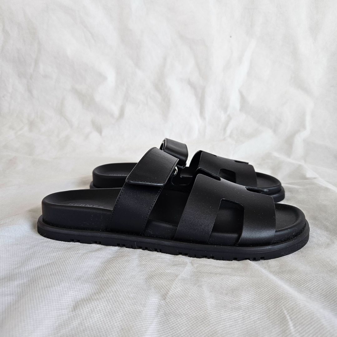 Hermes Black Leather Chypre Sandals, 37