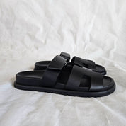 Hermes Black Leather Chypre Sandals, 37