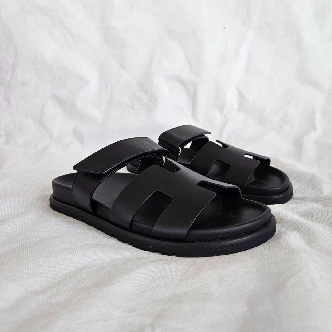 Hermes Black Leather Chypre Sandals, 37