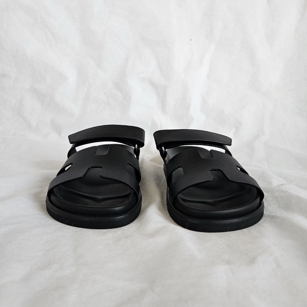 Hermes Black Leather Chypre Sandals, 37
