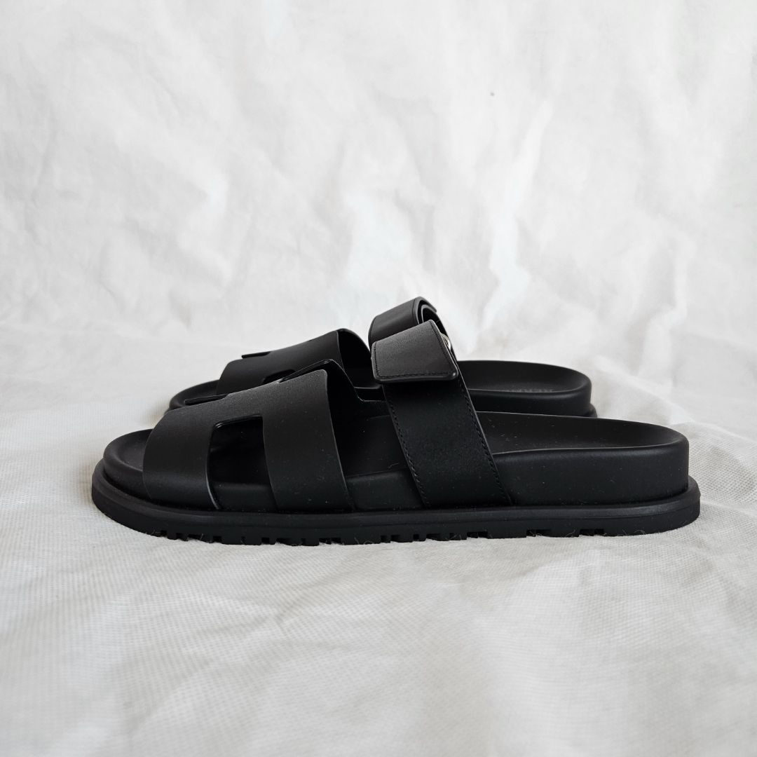 Hermes Black Leather Chypre Sandals, 37