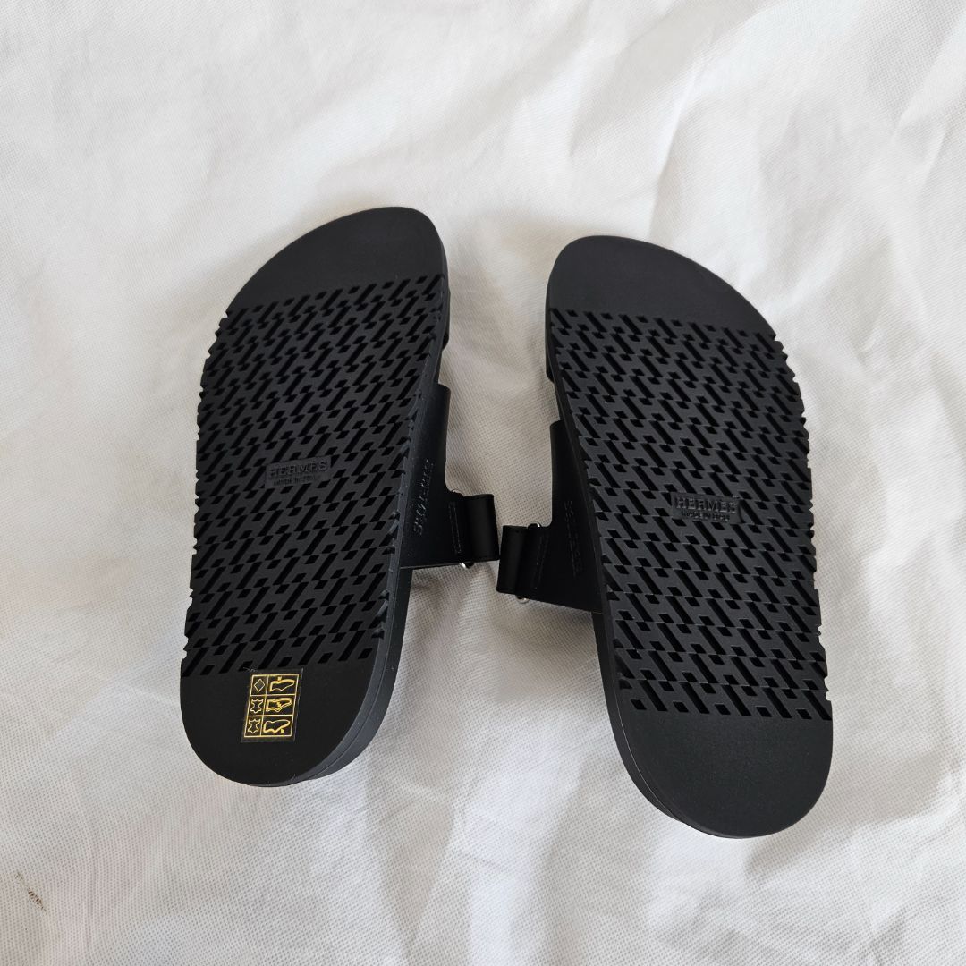 Hermes Black Leather Chypre Sandals, 37