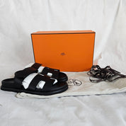 Hermes Black Leather Chypre Sandals, 37