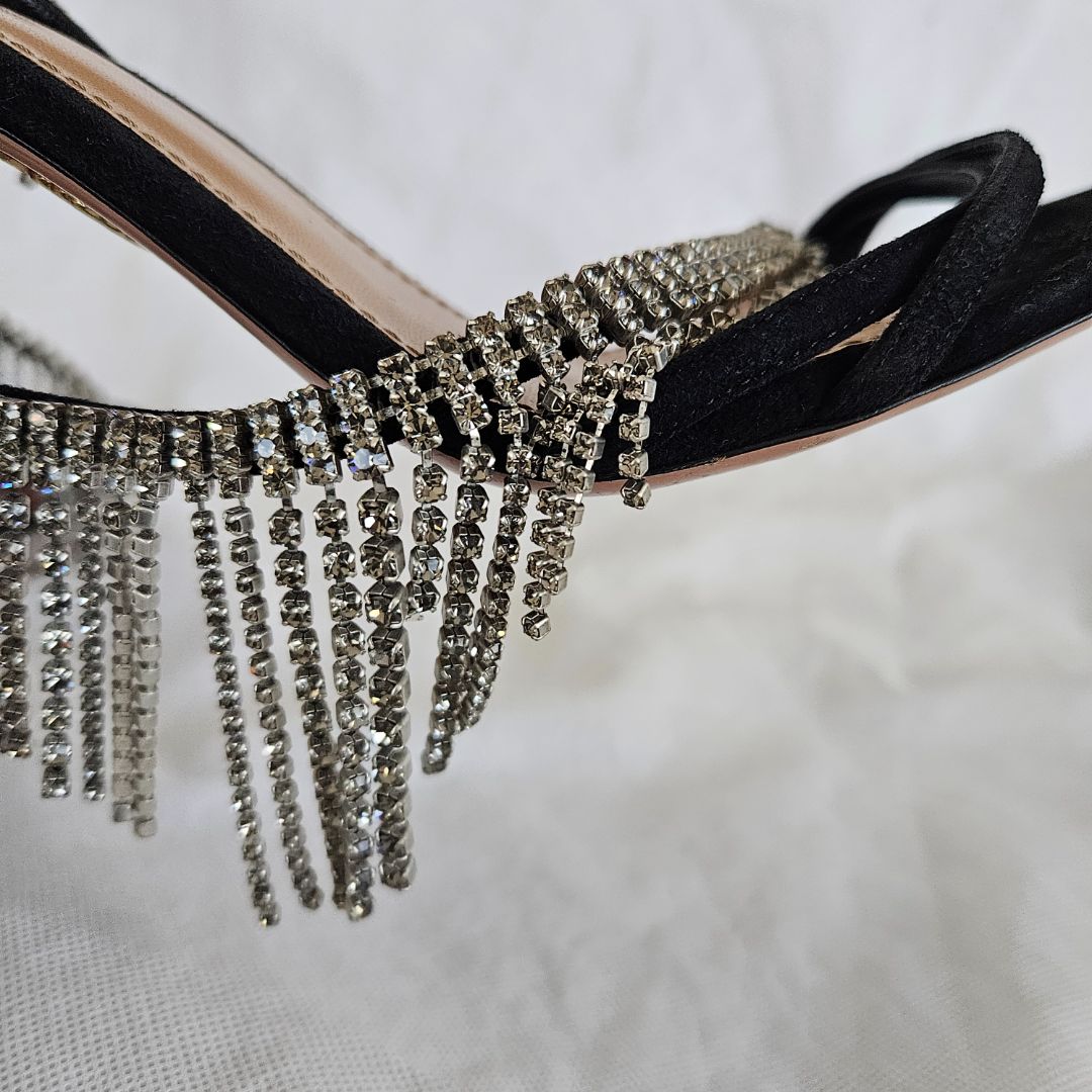 Aquazzura Black Suede Sandals with Crystal Fringe Detail, 40