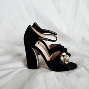 Gucci Black Velvet Chunky Sandals with Pearl Embellishment, 40