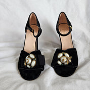 Gucci Black Velvet Chunky Sandals with Pearl Embellishment, 40