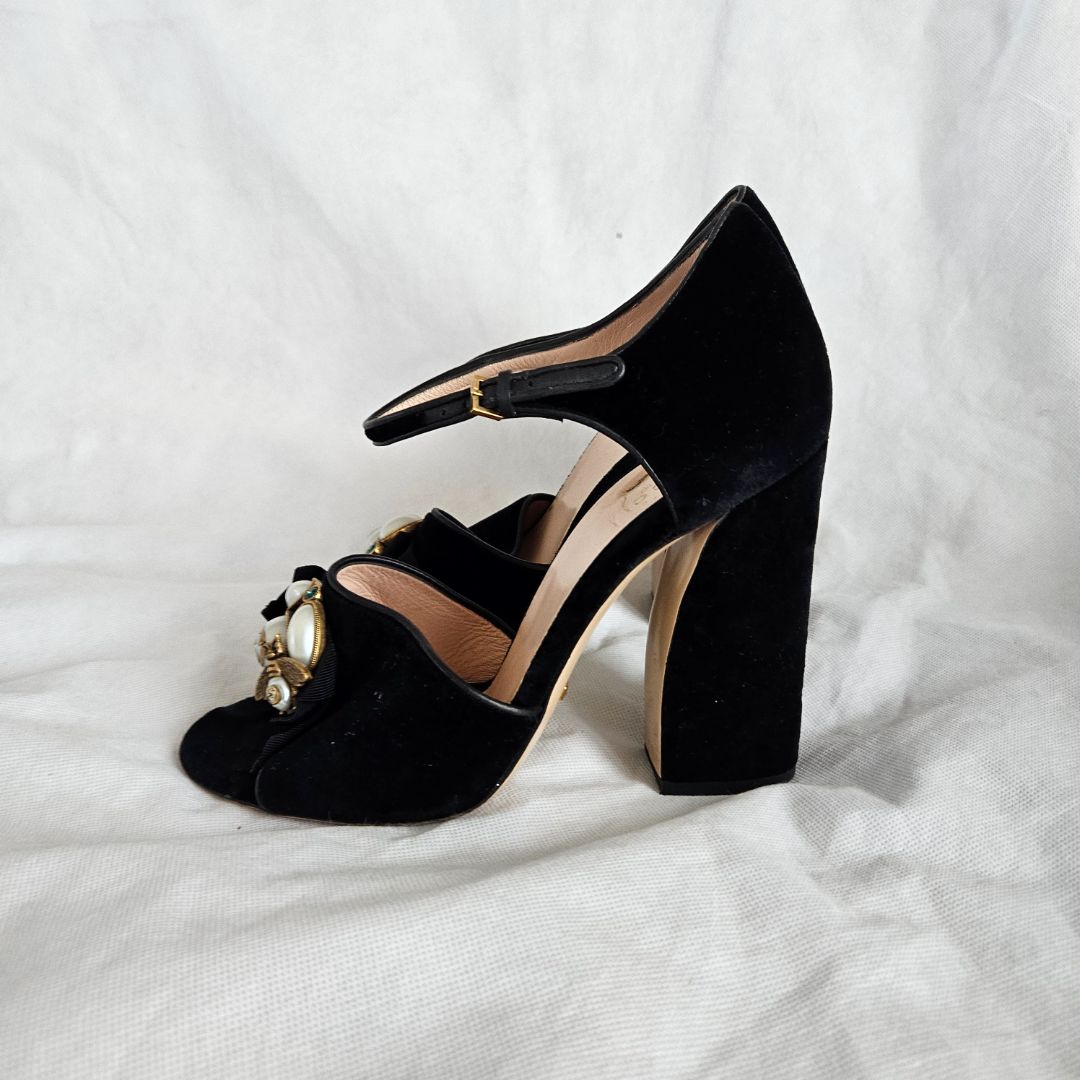 Gucci Black Velvet Chunky Sandals with Pearl Embellishment, 40