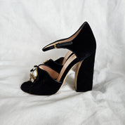 Gucci Black Velvet Chunky Sandals with Pearl Embellishment, 40