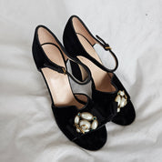 Gucci Black Velvet Chunky Sandals with Pearl Embellishment, 40